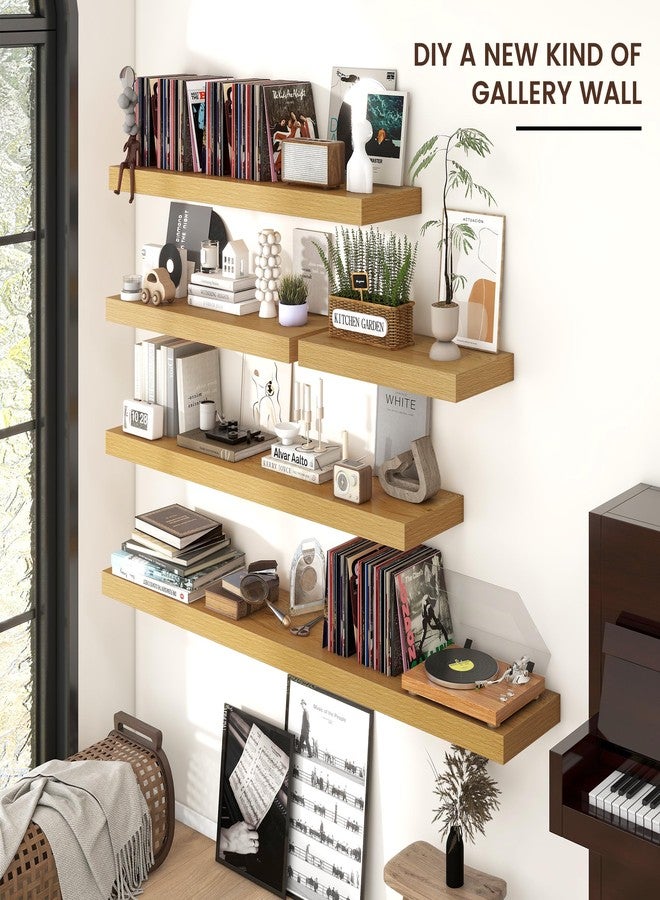 Venusmiles Floating Shelves for Wall, Engineered Wood Wall Shelves with Invisible Brackets for Living Room Bedroom Bathroom Office Kitchen Decor and Storage (Oak, 24" W x 9" D x 1.5" H) Set of 2 - Image 2